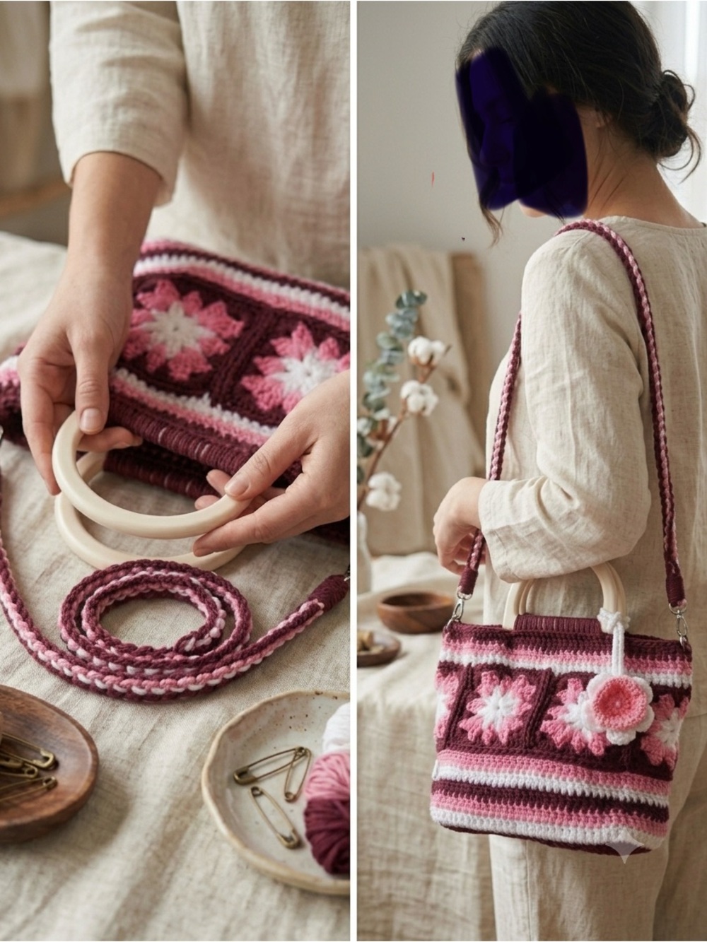 Handmade Pink Crochet Square-Panel Tote Bag